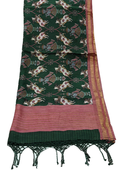 Indian Vintage Dupatta Green & Pink Long Stole Block Print Pure Chanderi Silk Scarves Veil Zari Wrap Hijab