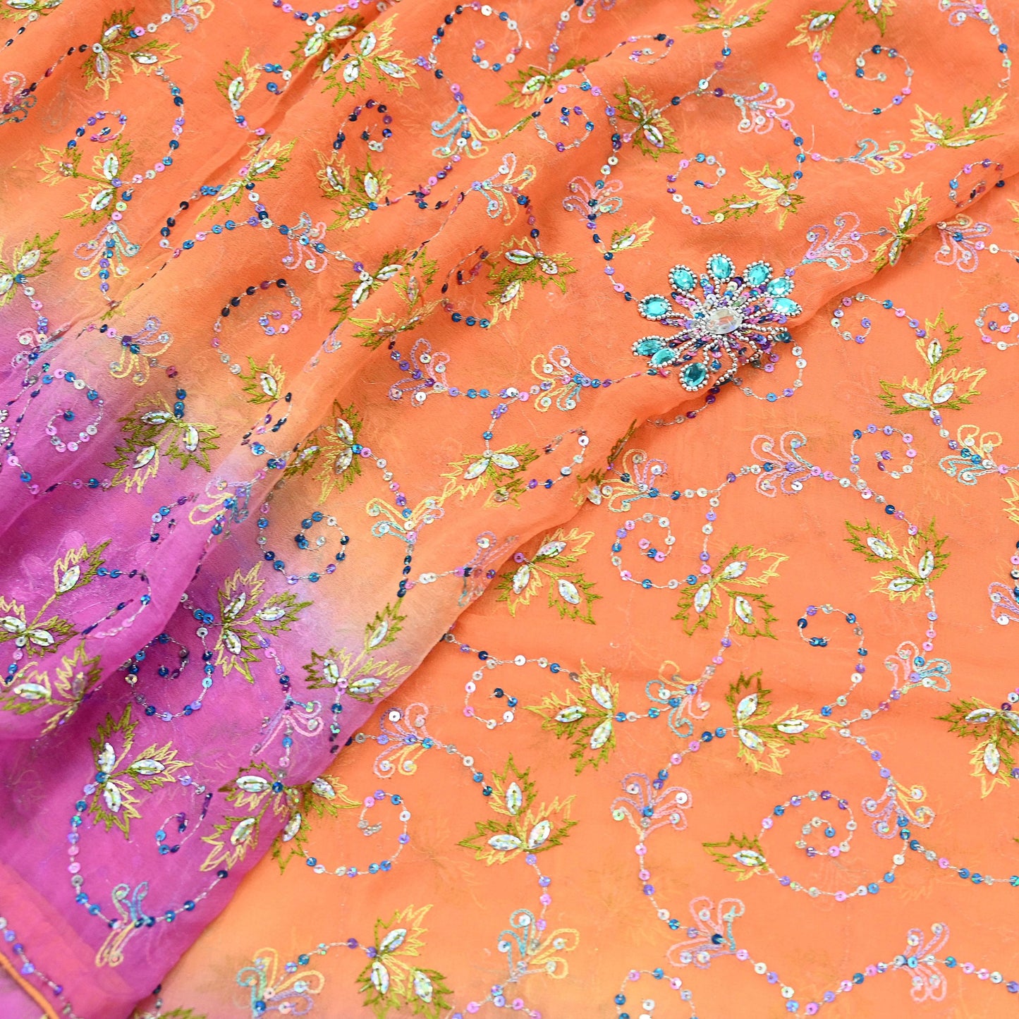 Indian Vintage Orange & Pink Dupatta Pure Georgette silk Long Stole Hand Embroidered Scarves Stole Veil Wrap Sequins