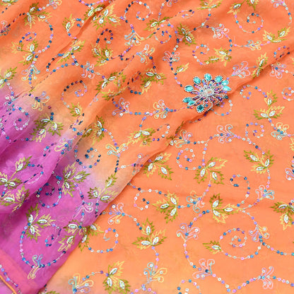 Indian Vintage Orange & Pink Dupatta Pure Georgette silk Long Stole Hand Embroidered Scarves Stole Veil Wrap Sequins