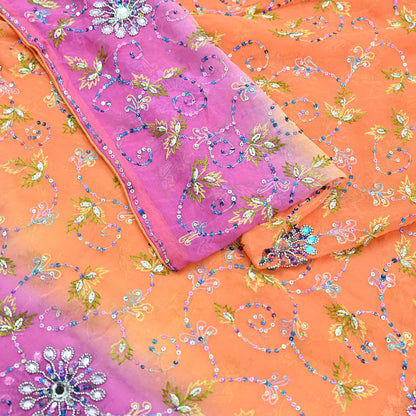 Indian Vintage Orange & Pink Dupatta Pure Georgette silk Long Stole Hand Embroidered Scarves Stole Veil Wrap Sequins