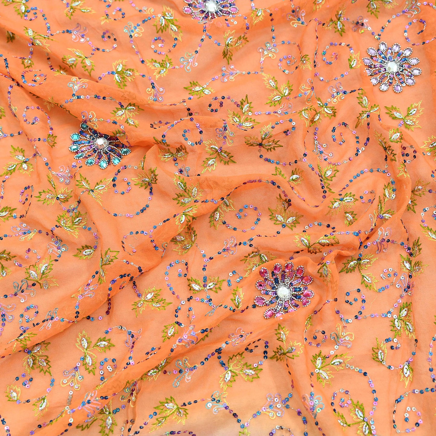 Indian Vintage Orange & Pink Dupatta Pure Georgette silk Long Stole Hand Embroidered Scarves Stole Veil Wrap Sequins