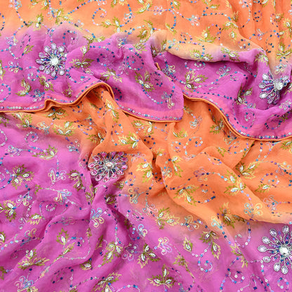 Indian Vintage Orange & Pink Dupatta Pure Georgette silk Long Stole Hand Embroidered Scarves Stole Veil Wrap Sequins