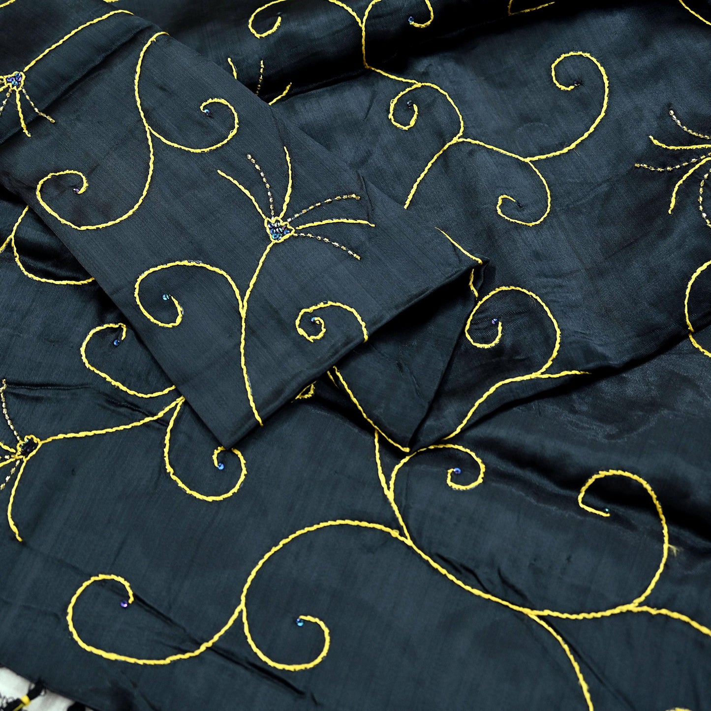 Indian Vintage Black Dupatta Pure Satin silk Long Stole Hand Embroidered Scarves Floral Veil Wrap Sequins