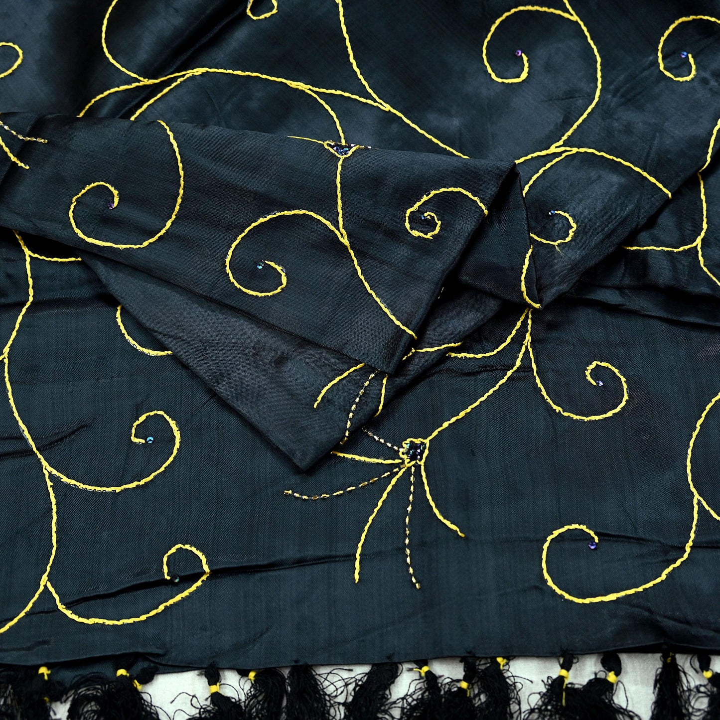Indian Vintage Black Dupatta Pure Satin silk Long Stole Hand Embroidered Scarves Floral Veil Wrap Sequins