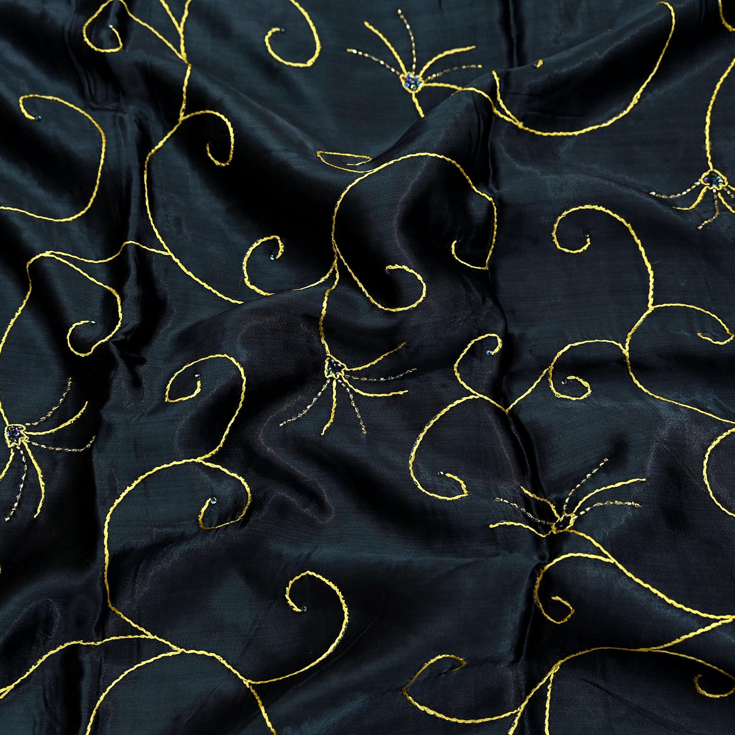 Indian Vintage Black Dupatta Pure Satin silk Long Stole Hand Embroidered Scarves Floral Veil Wrap Sequins