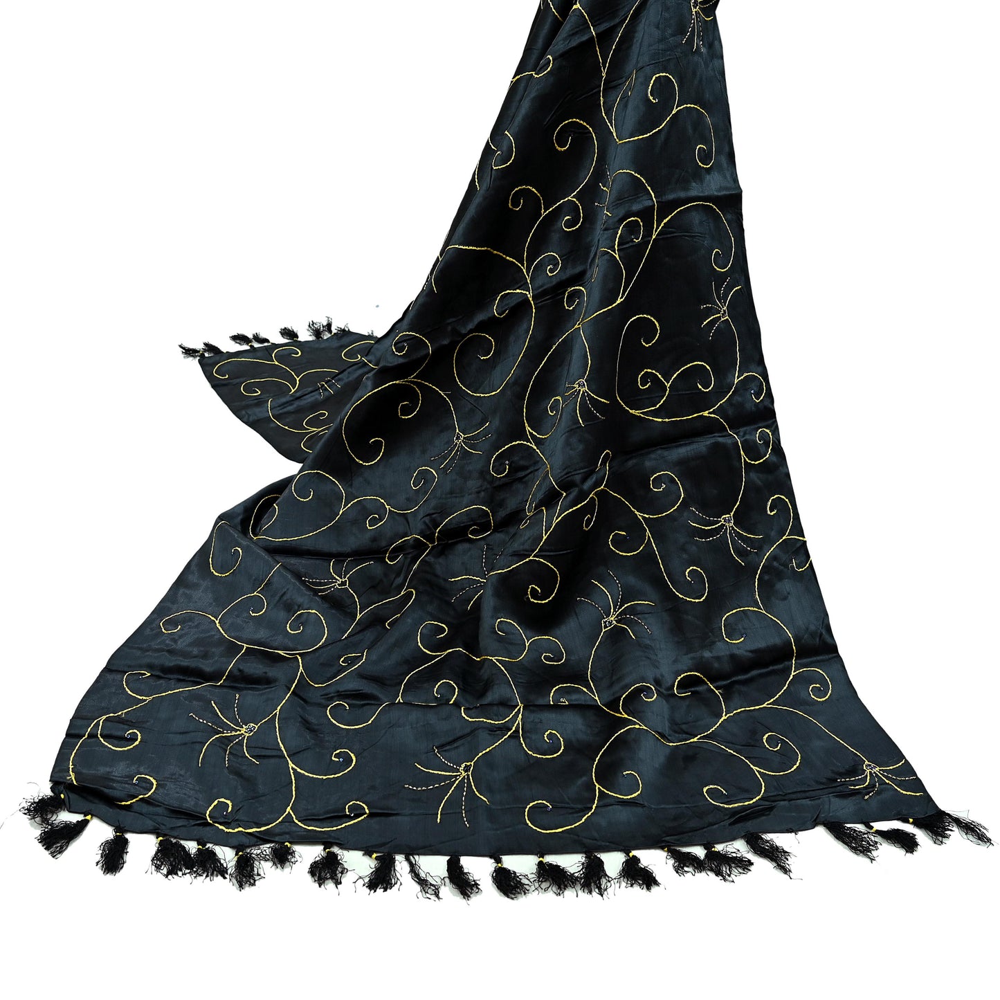 Indian Vintage Black Dupatta Pure Satin silk Long Stole Hand Embroidered Scarves Floral Veil Wrap Sequins
