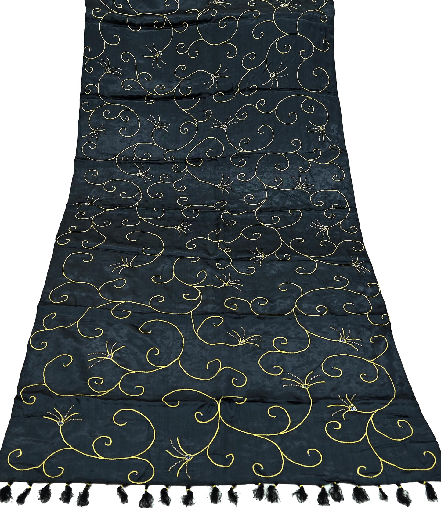 Indian Vintage Black Dupatta Pure Satin silk Long Stole Hand Embroidered Scarves Floral Veil Wrap Sequins