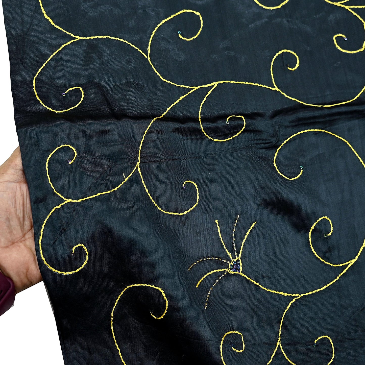 Indian Vintage Black Dupatta Pure Satin silk Long Stole Hand Embroidered Scarves Floral Veil Wrap Sequins