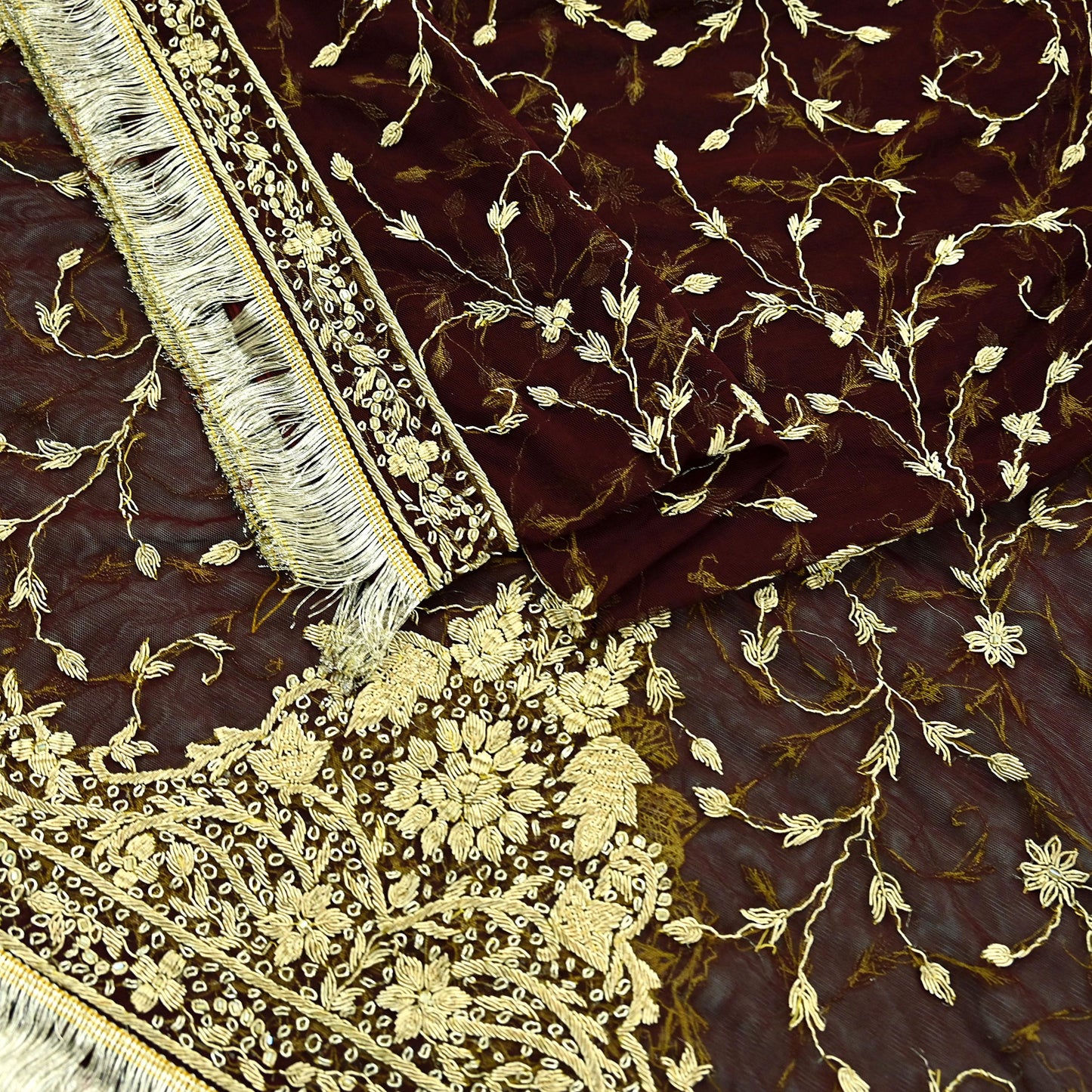 Indian Vintage Heavy Wedding Maroon Dupatta Net Mesh Long Stole Hand Embroidered Scarves Golden Zardozi Zari Sequins Dridal Veil Hijab