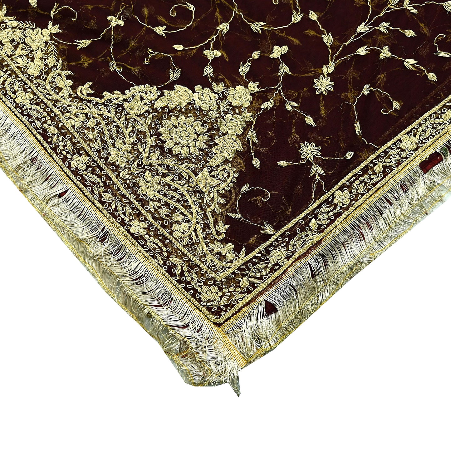 Indian Vintage Heavy Wedding Maroon Dupatta Net Mesh Long Stole Hand Embroidered Scarves Golden Zardozi Zari Sequins Dridal Veil Hijab