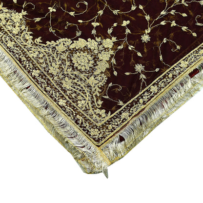 Indian Vintage Heavy Wedding Maroon Dupatta Net Mesh Long Stole Hand Embroidered Scarves Golden Zardozi Zari Sequins Dridal Veil Hijab