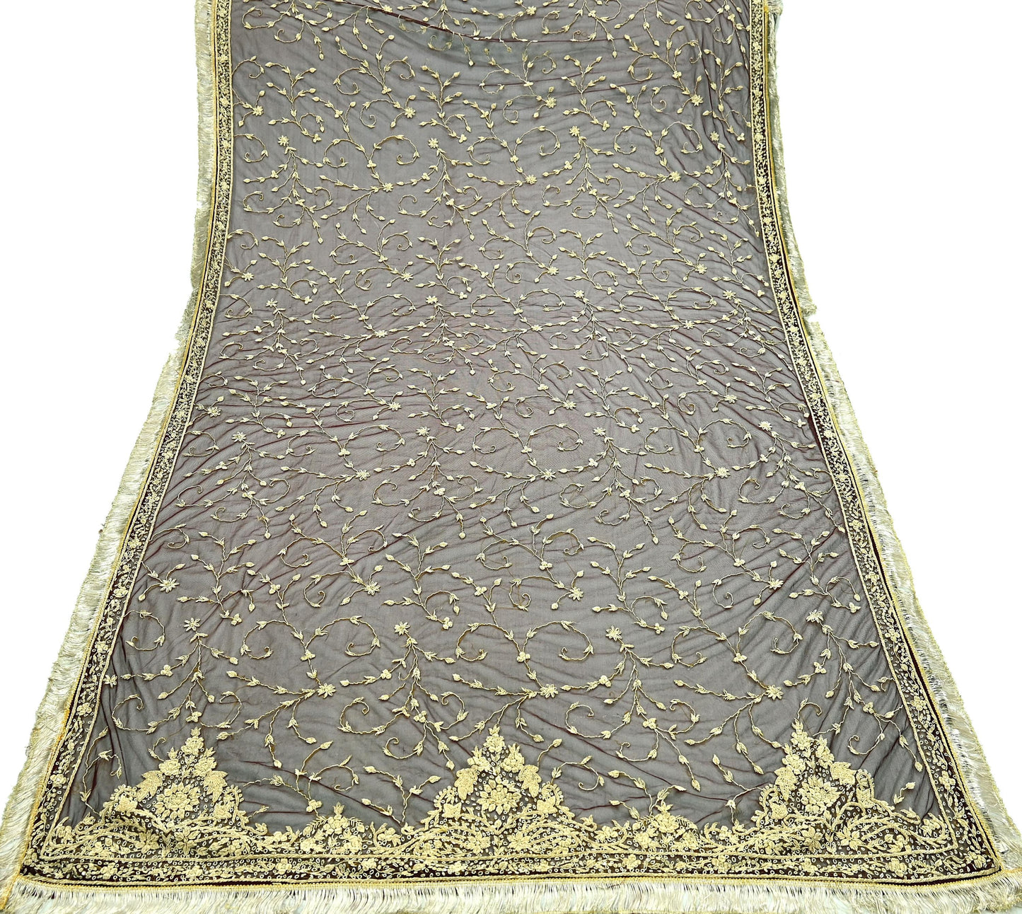 Indian Vintage Heavy Wedding Maroon Dupatta Net Mesh Long Stole Hand Embroidered Scarves Golden Zardozi Zari Sequins Dridal Veil Hijab