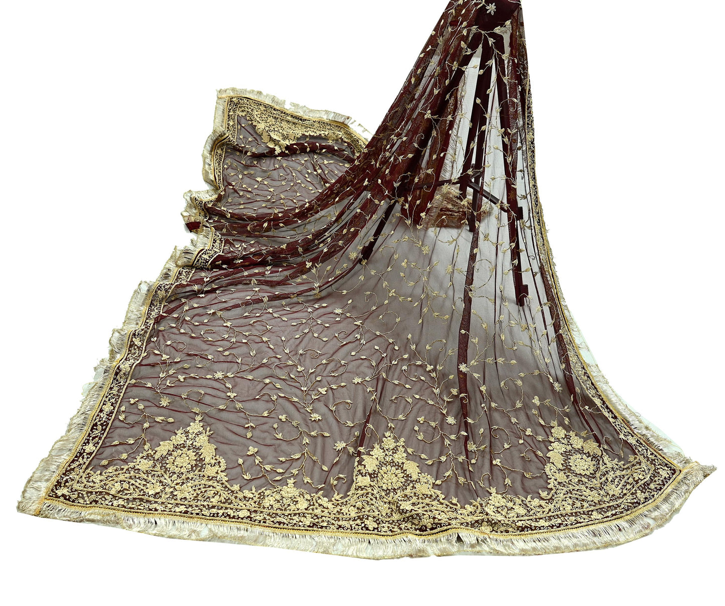 Indian Vintage Heavy Wedding Maroon Dupatta Net Mesh Long Stole Hand Embroidered Scarves Golden Zardozi Zari Sequins Dridal Veil Hijab
