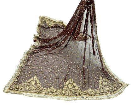 Indian Vintage Heavy Wedding Maroon Dupatta Net Mesh Long Stole Hand Embroidered Scarves Golden Zardozi Zari Sequins Dridal Veil Hijab