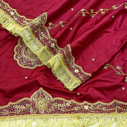 Indian Vintage Heavy Bridal Dupatta Pink Pure Silk Long Stole Hand Embroidered Hijab Scarf Zardozi Wedding Dupatta Fringes