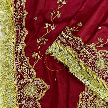 Indian Vintage Heavy Bridal Dupatta Pink Pure Silk Long Stole Hand Embroidered Hijab Scarf Zardozi Wedding Dupatta Fringes