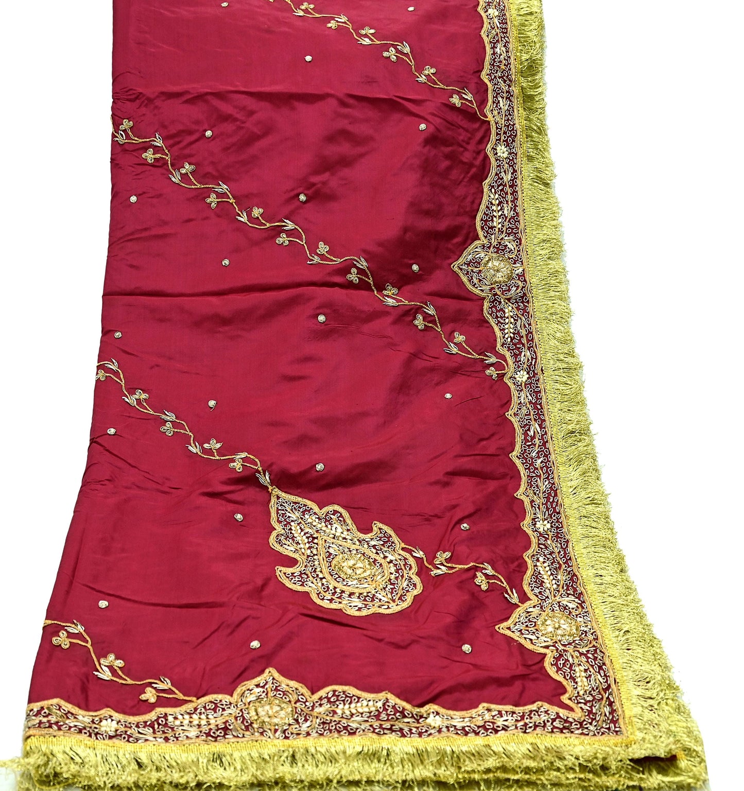 Indian Vintage Heavy Bridal Dupatta Pink Pure Silk Long Stole Hand Embroidered Hijab Scarf Zardozi Wedding Dupatta Fringes