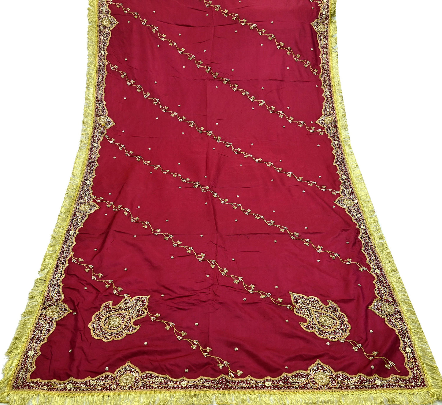 Indian Vintage Heavy Bridal Dupatta Pink Pure Silk Long Stole Hand Embroidered Hijab Scarf Zardozi Wedding Dupatta Fringes