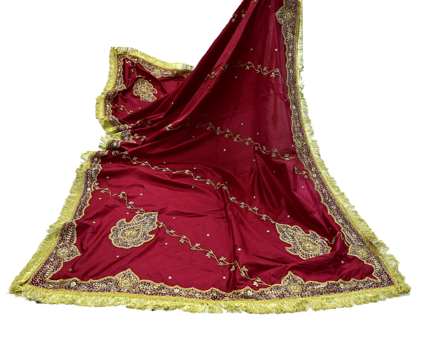 Indian Vintage Heavy Bridal Dupatta Pink Pure Silk Long Stole Hand Embroidered Hijab Scarf Zardozi Wedding Dupatta Fringes