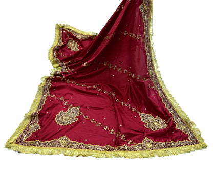 Indian Vintage Heavy Bridal Dupatta Pink Pure Silk Long Stole Hand Embroidered Hijab Scarf Zardozi Wedding Dupatta Fringes