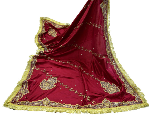 Indian Vintage Heavy Bridal Dupatta Pink Pure Silk Long Stole Hand Embroidered Hijab Scarf Zardozi Wedding Dupatta Fringes