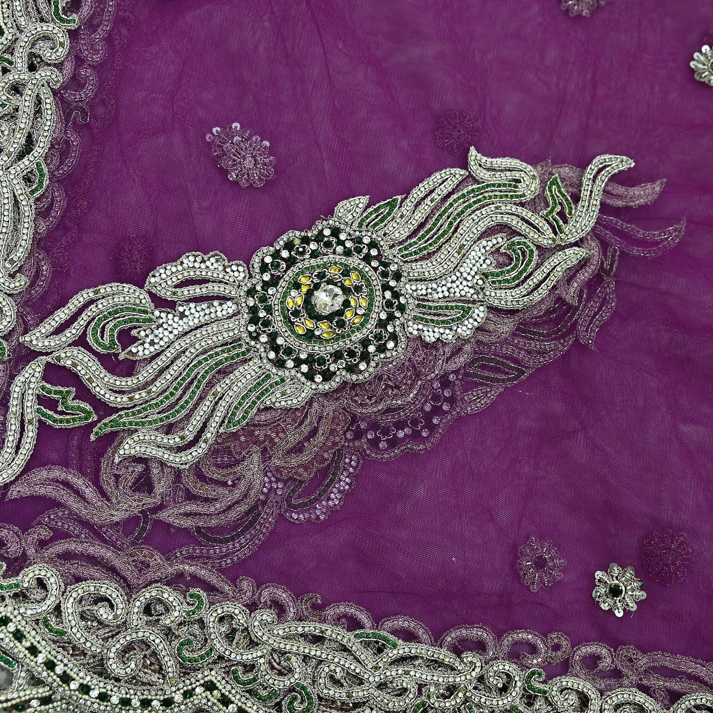 Indian Vintage Heavy Bridal Purple Dupatta Net Mesh Long Stole Hand Embroidered Scarves Zardozi Dabka Zari Wedding dupatta veil hijab