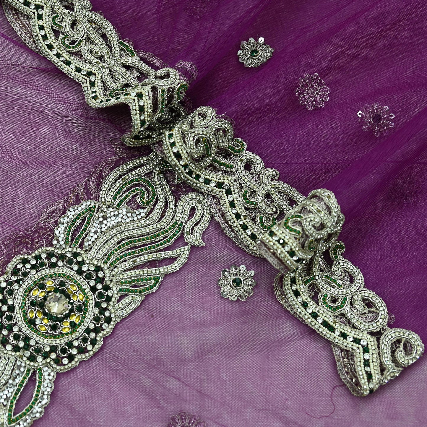 Indian Vintage Heavy Bridal Purple Dupatta Net Mesh Long Stole Hand Embroidered Scarves Zardozi Dabka Zari Wedding dupatta veil hijab