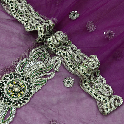 Indian Vintage Heavy Bridal Purple Dupatta Net Mesh Long Stole Hand Embroidered Scarves Zardozi Dabka Zari Wedding dupatta veil hijab