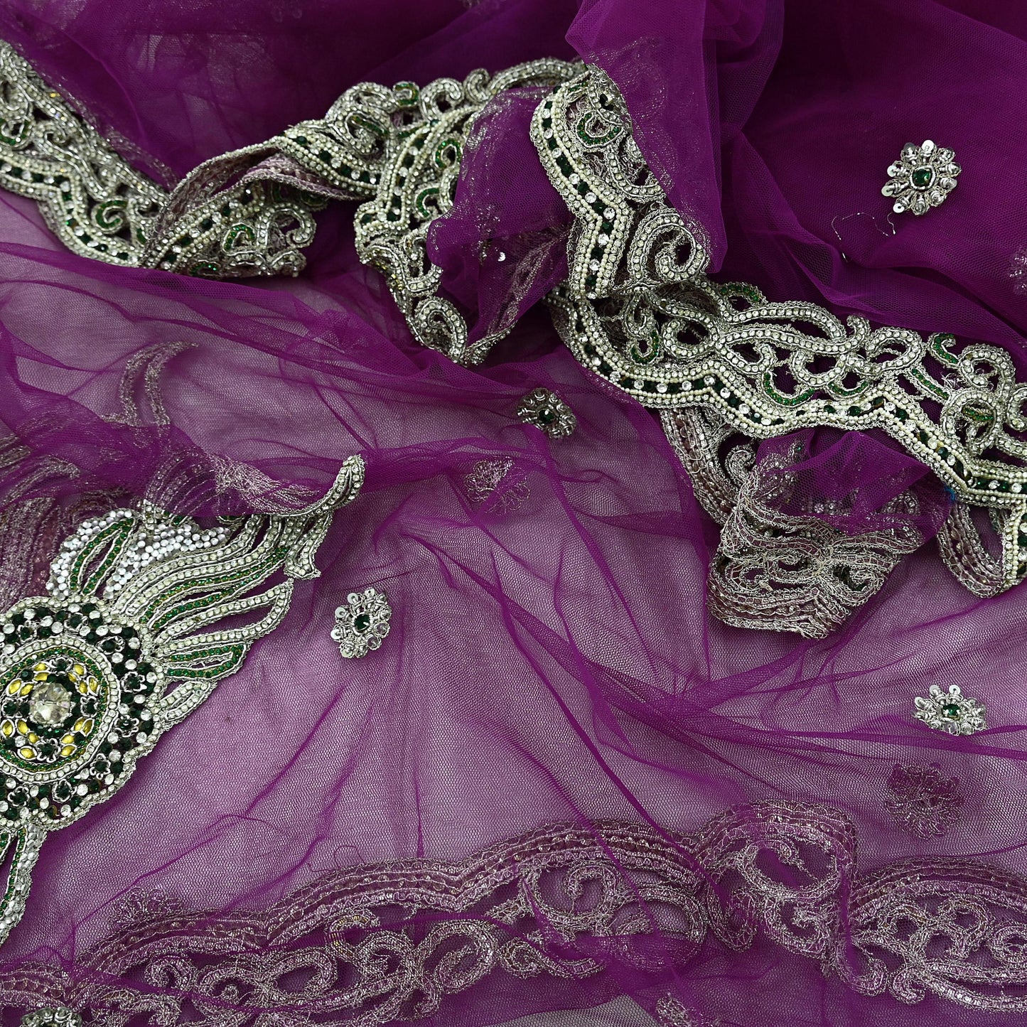 Indian Vintage Heavy Bridal Purple Dupatta Net Mesh Long Stole Hand Embroidered Scarves Zardozi Dabka Zari Wedding dupatta veil hijab