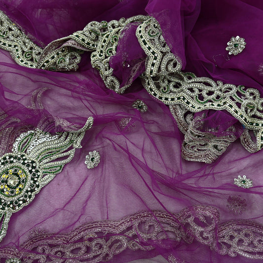 Indian Vintage Heavy Bridal Purple Dupatta Net Mesh Long Stole Hand Embroidered Scarves Zardozi Dabka Zari Wedding dupatta veil hijab