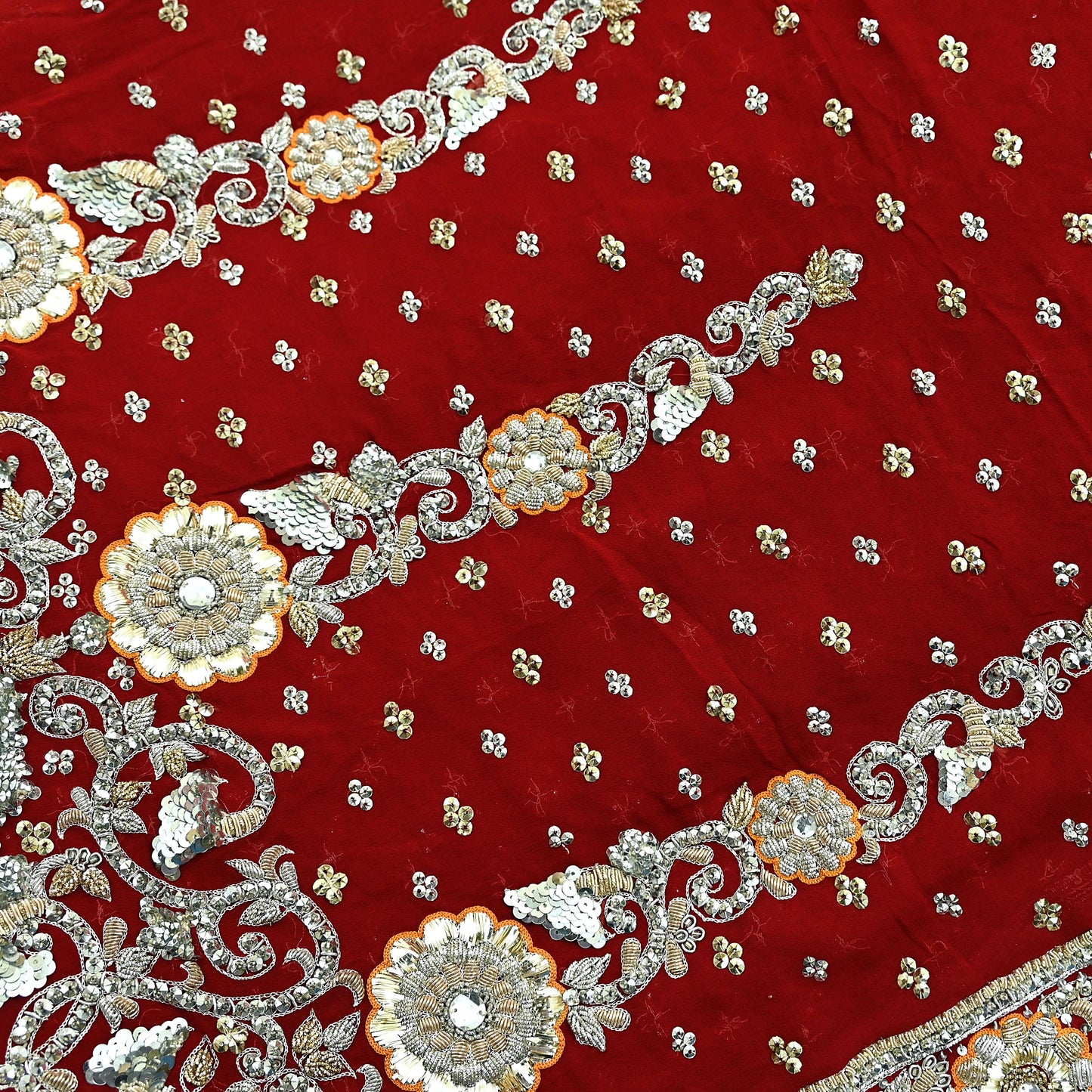 Indian Vintage Heavy Bridal Dupatta Red Pure Georgette Silk Long Stole Hand Embroidered Scarf Zardozi/Dabka Zari Wedding/Party Dupatta