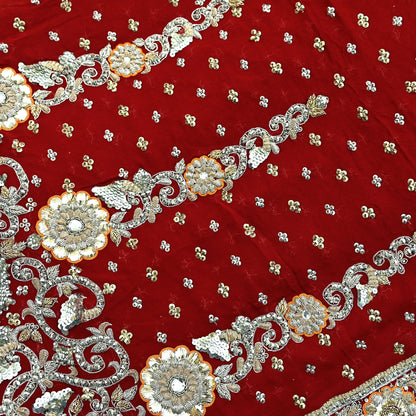 Indian Vintage Heavy Bridal Dupatta Red Pure Georgette Silk Long Stole Hand Embroidered Scarf Zardozi/Dabka Zari Wedding/Party Dupatta