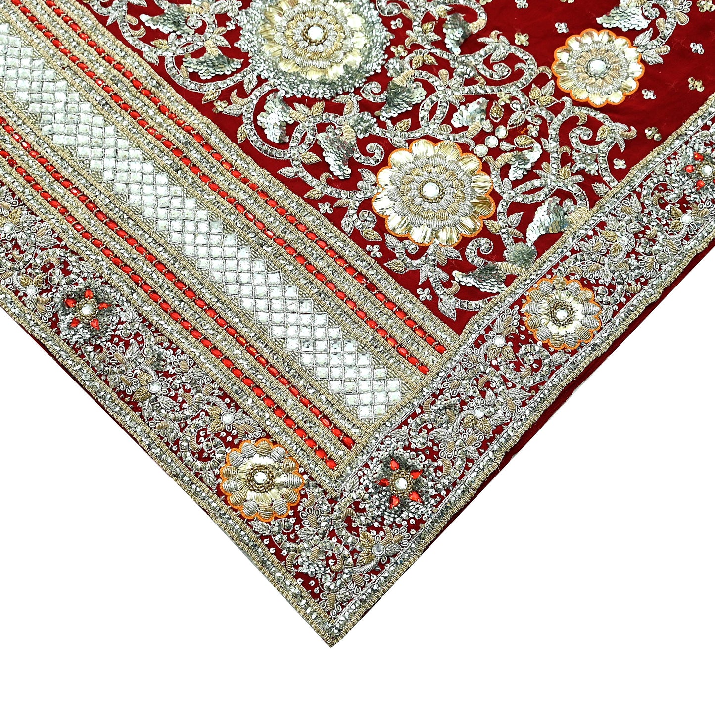 Indian Vintage Heavy Bridal Dupatta Red Pure Georgette Silk Long Stole Hand Embroidered Scarf Zardozi/Dabka Zari Wedding/Party Dupatta