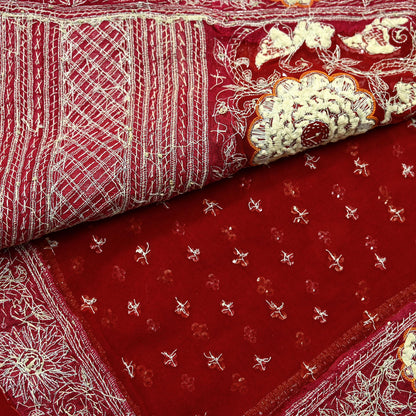 Indian Vintage Heavy Bridal Dupatta Red Pure Georgette Silk Long Stole Hand Embroidered Scarf Zardozi/Dabka Zari Wedding/Party Dupatta