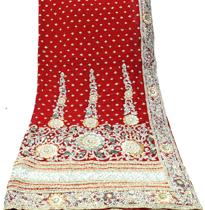 Indian Vintage Heavy Bridal Dupatta Red Pure Georgette Silk Long Stole Hand Embroidered Scarf Zardozi/Dabka Zari Wedding/Party Dupatta