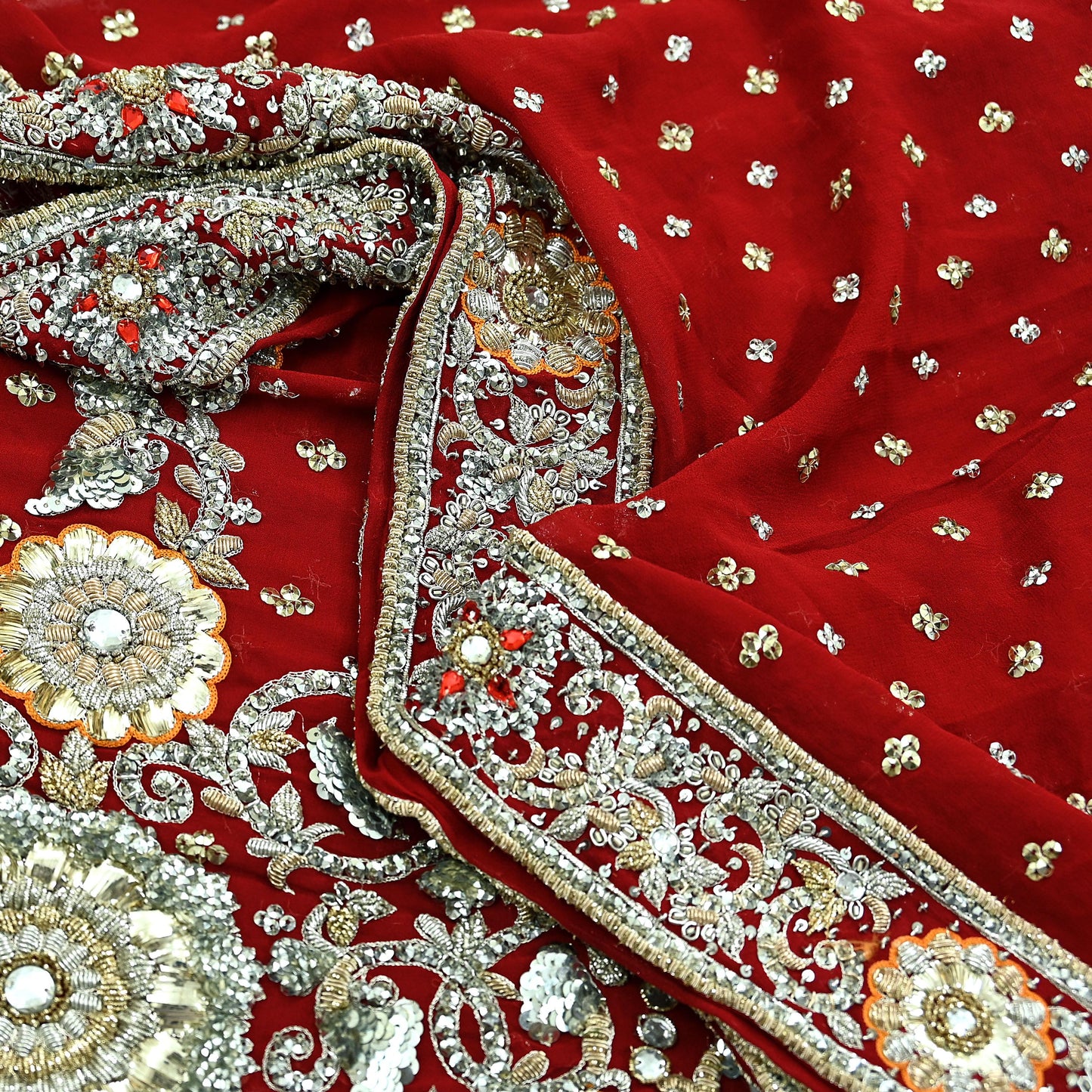 Indian Vintage Heavy Bridal Dupatta Red Pure Georgette Silk Long Stole Hand Embroidered Scarf Zardozi/Dabka Zari Wedding/Party Dupatta