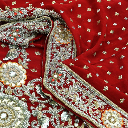 Indian Vintage Heavy Bridal Dupatta Red Pure Georgette Silk Long Stole Hand Embroidered Scarf Zardozi/Dabka Zari Wedding/Party Dupatta