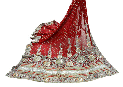 Indian Vintage Heavy Bridal Dupatta Red Pure Georgette Silk Long Stole Hand Embroidered Scarf Zardozi/Dabka Zari Wedding/Party Dupatta