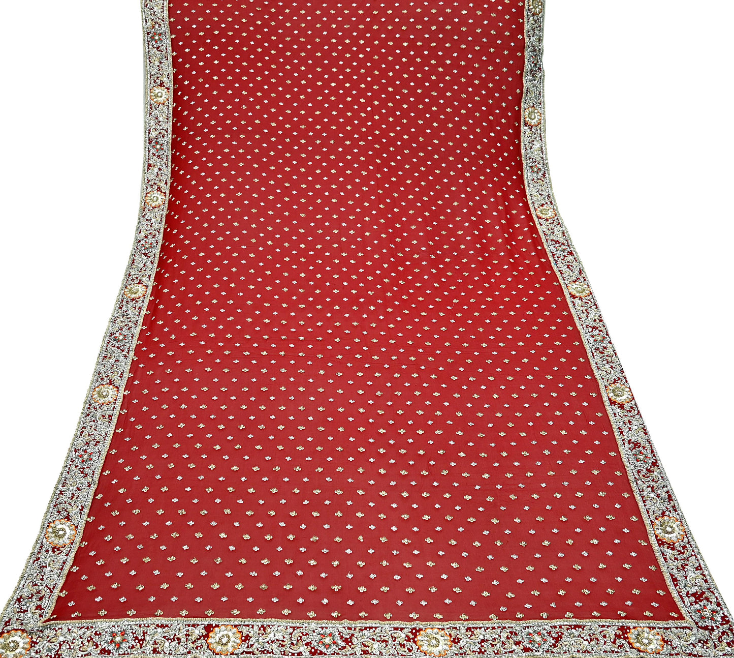 Indian Vintage Heavy Bridal Dupatta Red Pure Georgette Silk Long Stole Hand Embroidered Scarf Zardozi/Dabka Zari Wedding/Party Dupatta