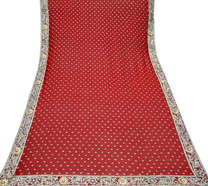 Indian Vintage Heavy Bridal Dupatta Red Pure Georgette Silk Long Stole Hand Embroidered Scarf Zardozi/Dabka Zari Wedding/Party Dupatta