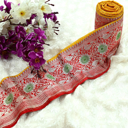 Indian Vintage Red Sari Border Woven Banarasi 1yd Trim Craft Sewing Recycled Sari Border Zari Pure Silk Home Decor Crafting