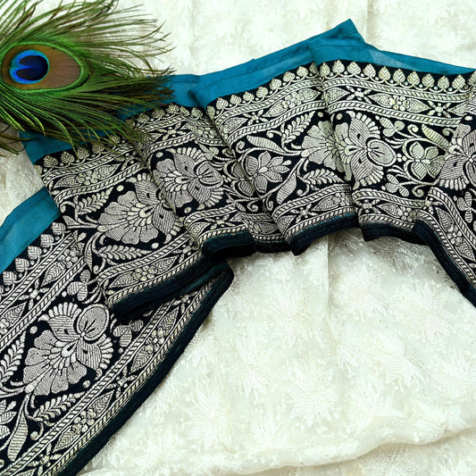 Indian Vintage Black Sari Border Woven Banarasi Trim Craft 1yd Sewing Recycled Trim Silver Zari Pure Satin Silk Home Decor Crafting