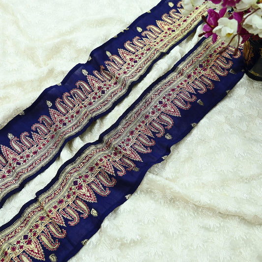 Indian Vintage Saree Border Purple Woven Banarasi Brocade Trim Craft Sewing Recycled Sari Border Golden Zari Pure Silk Home Decor Crafting