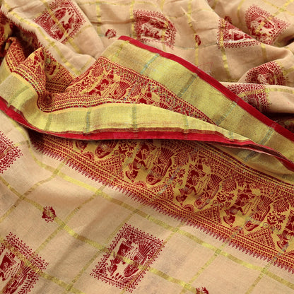 Indian Vintage Red & Beige Saree Printed 100% Pure Cotton Sari Craft Fabric 5Yd Soft Sewing Sarong Wrap Dress Making Quilting Crafting Zari