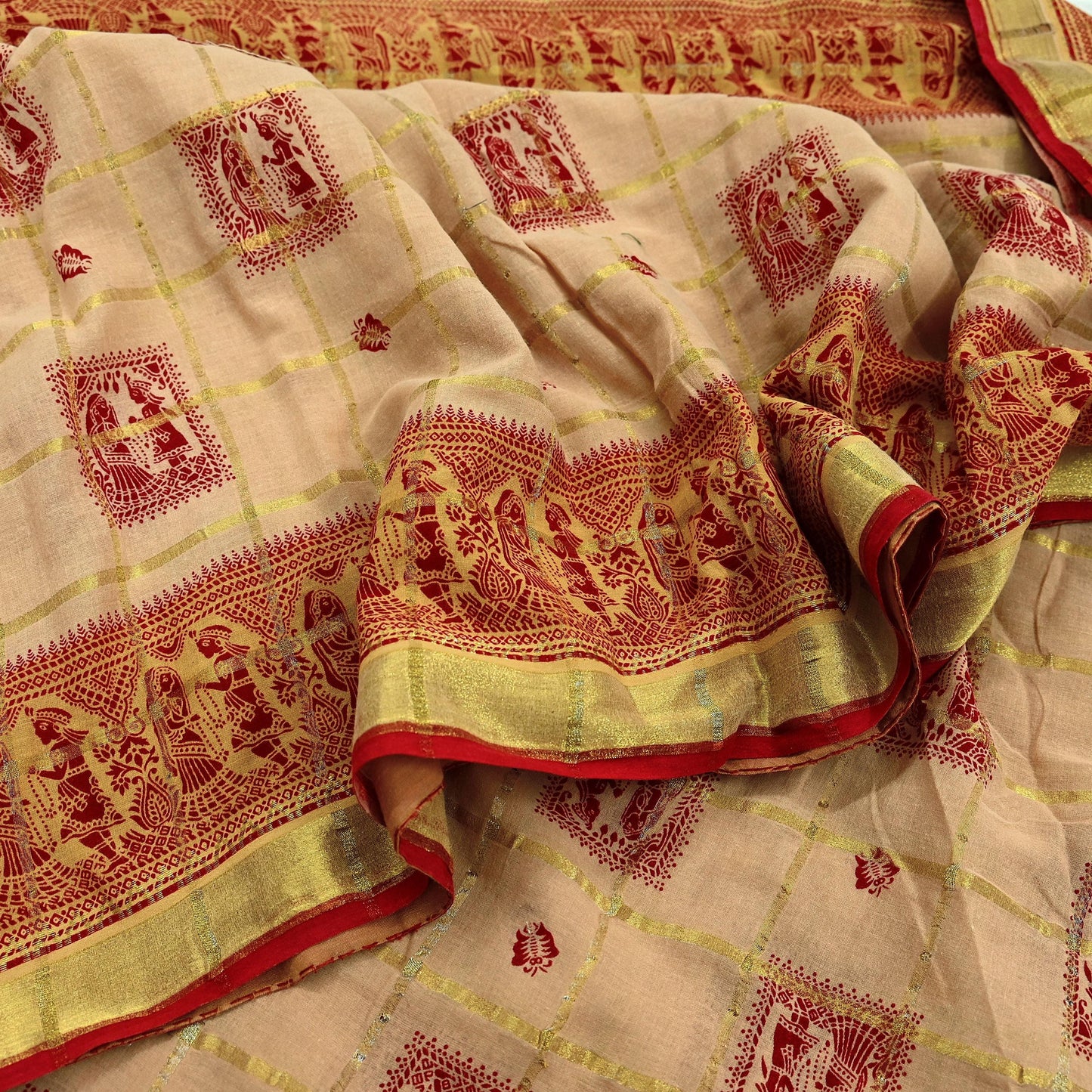 Indian Vintage Red & Beige Saree Printed 100% Pure Cotton Sari Craft Fabric 5Yd Soft Sewing Sarong Wrap Dress Making Quilting Crafting Zari