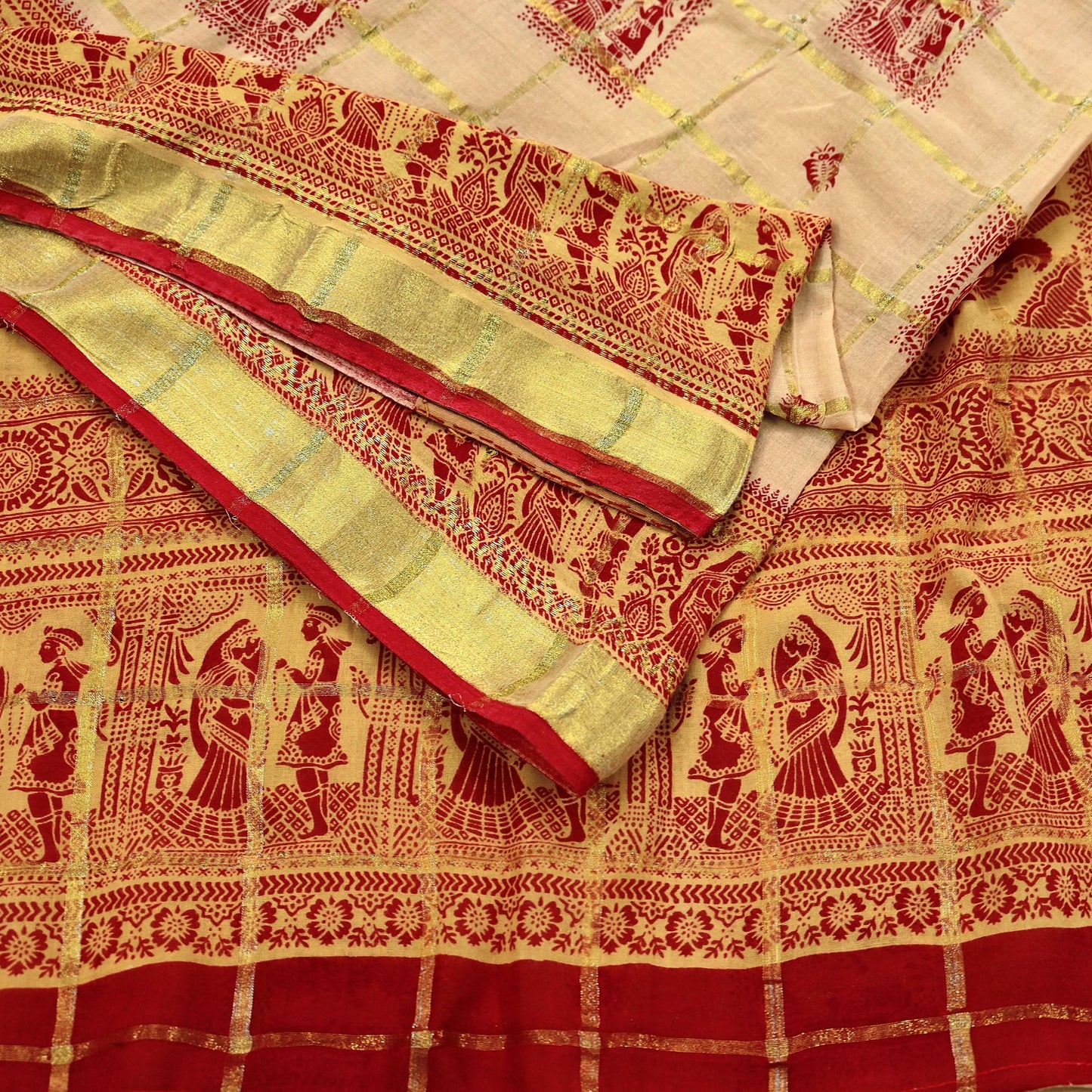 Indian Vintage Red & Beige Saree Printed 100% Pure Cotton Sari Craft Fabric 5Yd Soft Sewing Sarong Wrap Dress Making Quilting Crafting Zari