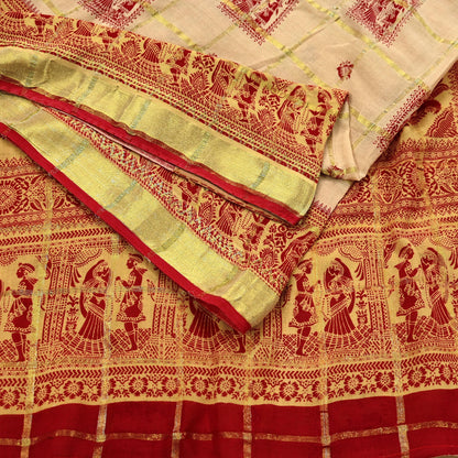 Indian Vintage Red & Beige Saree Printed 100% Pure Cotton Sari Craft Fabric 5Yd Soft Sewing Sarong Wrap Dress Making Quilting Crafting Zari