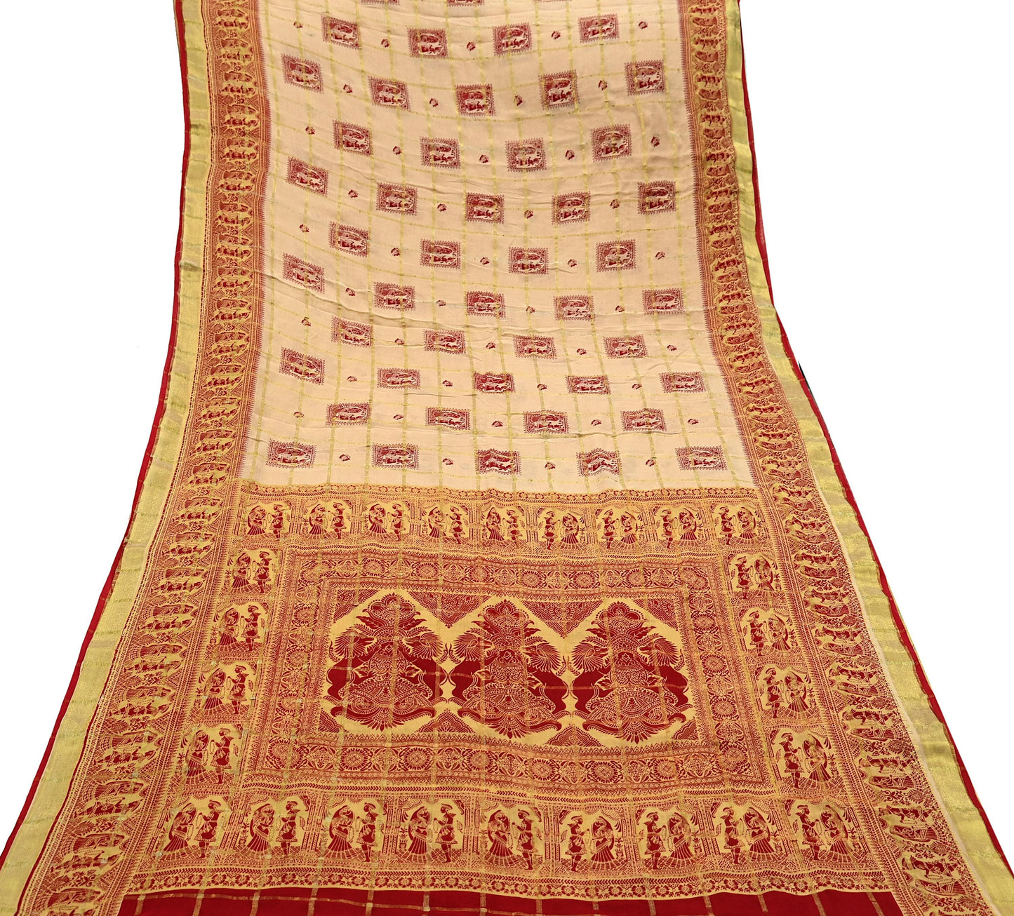 Indian Vintage Red & Beige Saree Printed 100% Pure Cotton Sari Craft Fabric 5Yd Soft Sewing Sarong Wrap Dress Making Quilting Crafting Zari