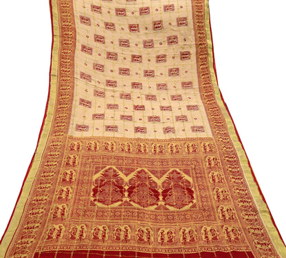 Indian Vintage Red & Beige Saree Printed 100% Pure Cotton Sari Craft Fabric 5Yd Soft Sewing Sarong Wrap Dress Making Quilting Crafting Zari