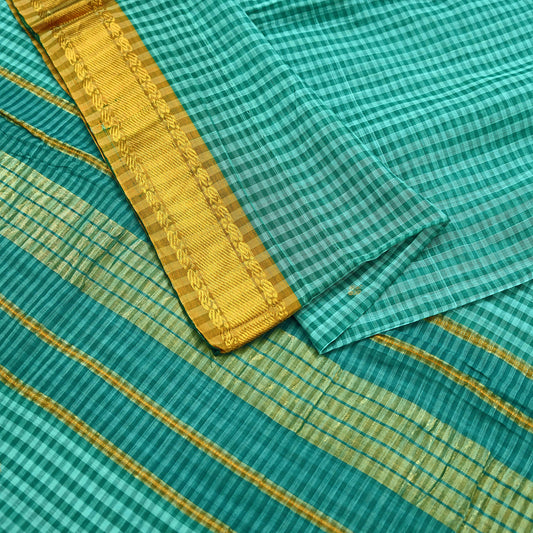 Vintage Sari Green Pure Cotton Hand Woven Sarees Craft Fabric Zari 5Yd Sewing Soft Crafting Dress making Upcycle Quilting Zigzag